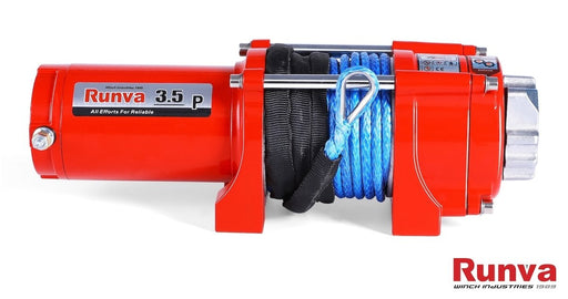 Red electric winch with blue synthetic rope for line pull and horse carriage use