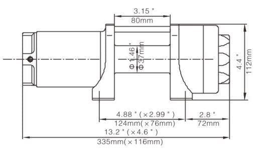 Technical drawing of mechanical component with dimensions for Runva 3.5P synthetic rope winch