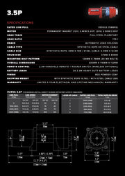 Technical specification sheet for Runva 3.5P 12V/24V Winch with synthetic rope and detailed data