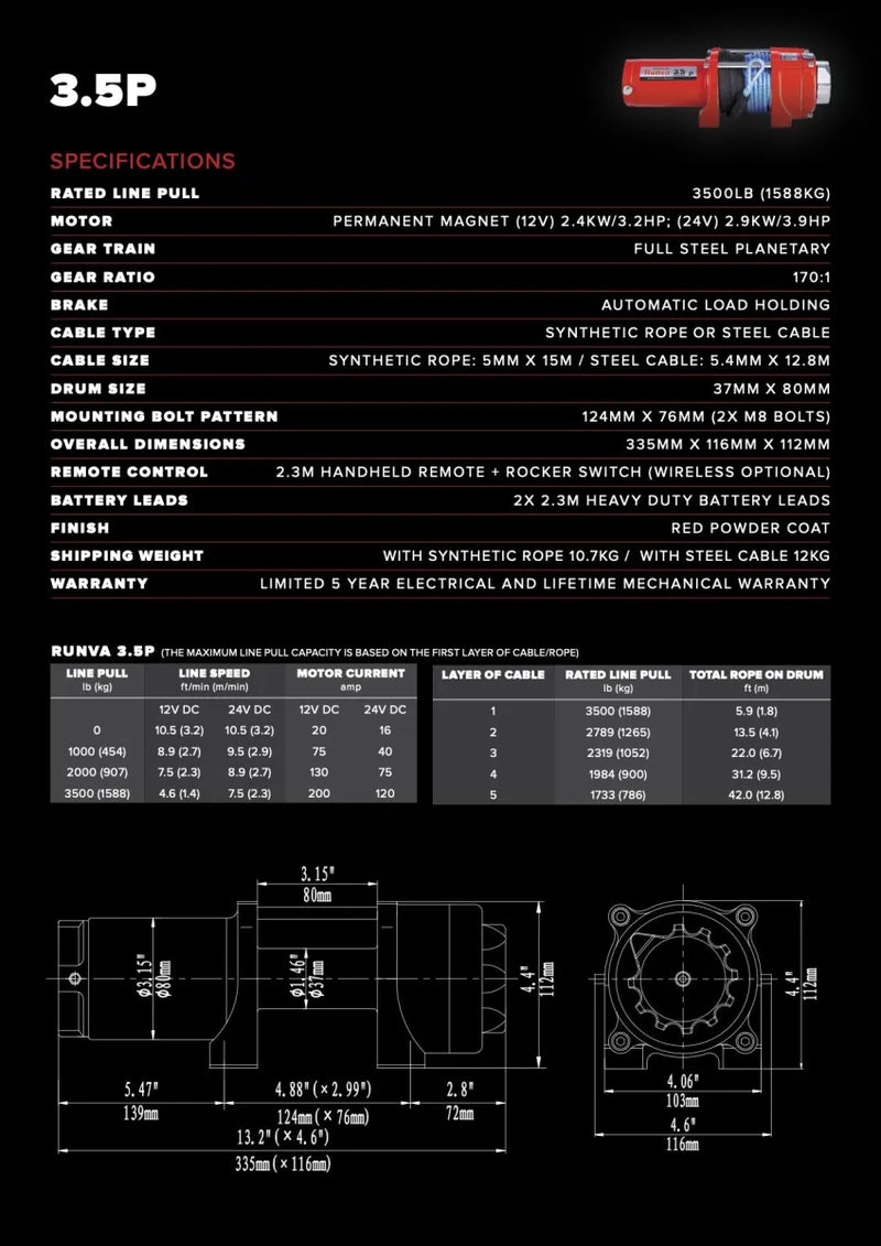 Technical specification sheet for Runva 3.5P 12V/24V Winch with synthetic rope and detailed data