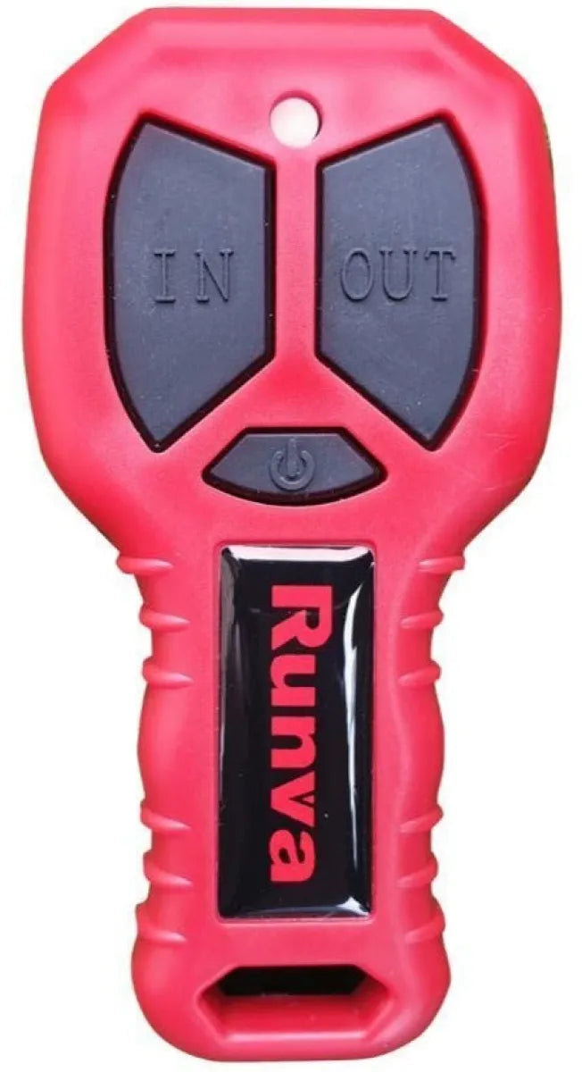 Red key-shaped remote control device with IN and OUT buttons for Runva electric winch