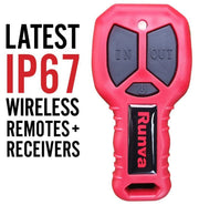 Red wireless remote control with IN and OUT buttons for Runva Electric ATV Winch