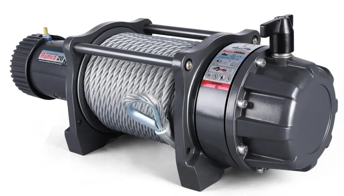 Runva EWB20000 Premium winch with steel cable, angled three-quarter view