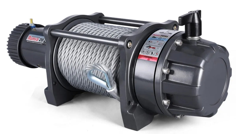 Heavy-duty electric winch with steel cable and black housing for premium 12V/24V winch use