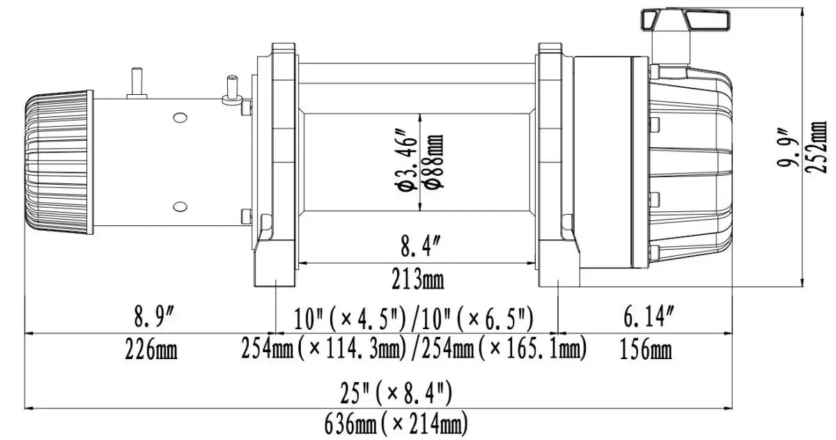 Runva EWB20000 Premium dimensions diagram showing 636mm overall length and dual bolt patterns