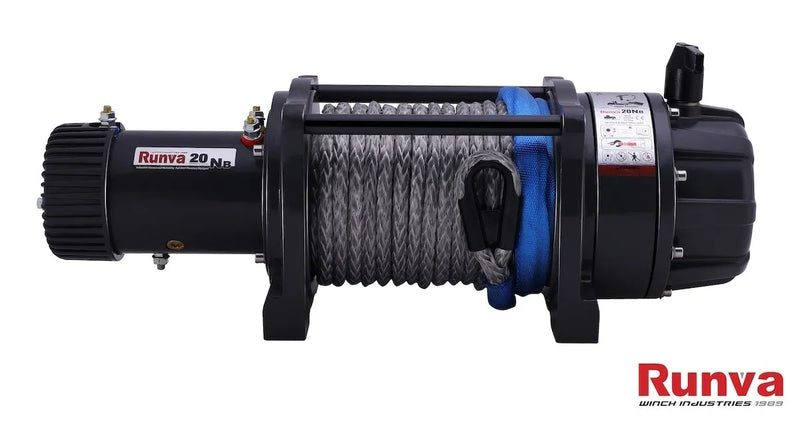 Electric winch with synthetic rope and blue fairlead, Runva EWB20000 Premium 24V winch