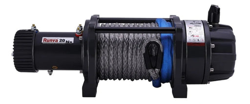 Electric winch with synthetic rope and blue fairlead, Runva EWB20000 Premium 24V winch