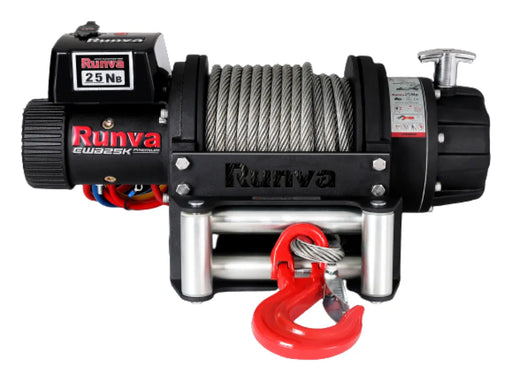 Runva EWB25000 Premium 24V Winch with rugged black steel cable and red hook attachment