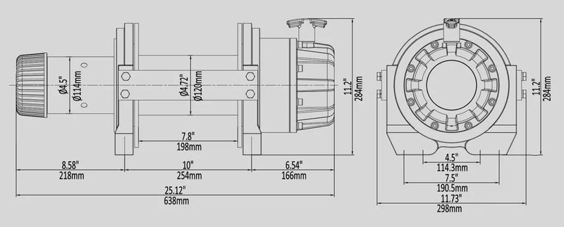 Technical engineering drawing of a mechanical component with dimensions for Runva EWB25000 Winch steel cable
