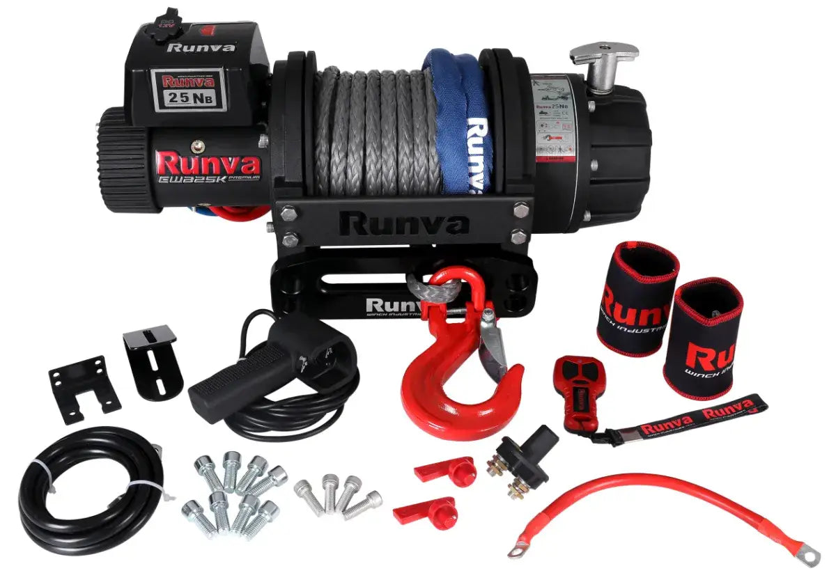 Runva EWB25000 Premium winch with remotes, battery leads, mounting hardware and accessories