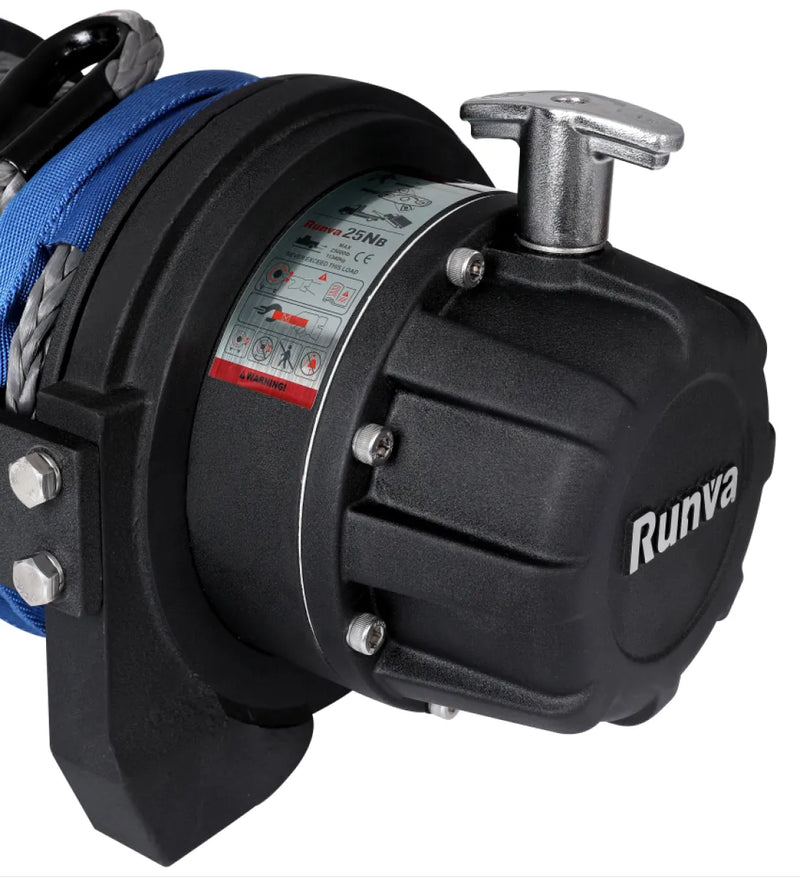 Electric winch with black housing and blue strap, ideal for high line pull applications