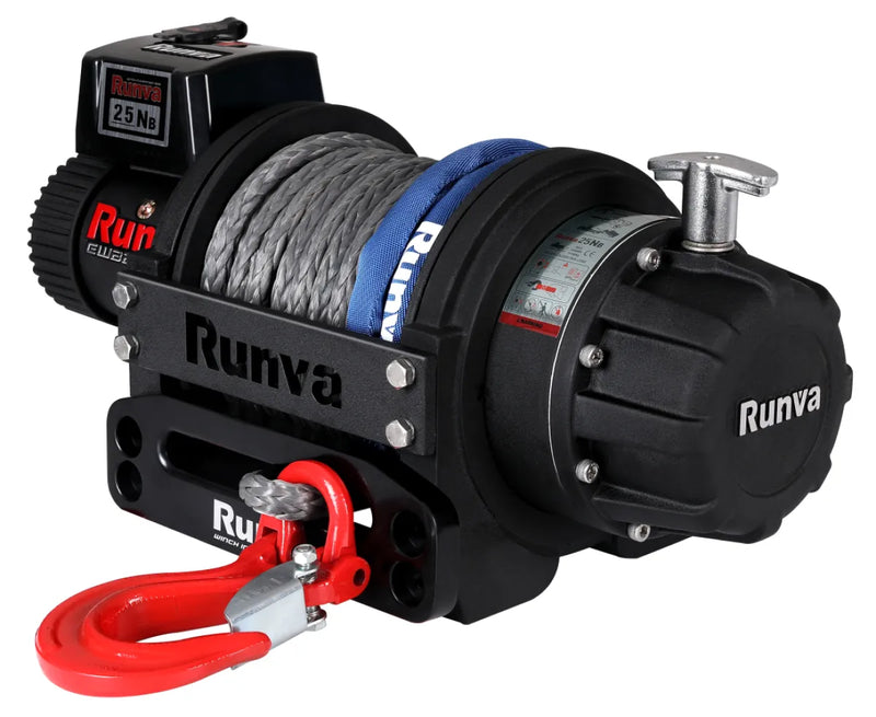 Rugged black Runva EWB25000 electric winch with synthetic rope and red hook for high line pull