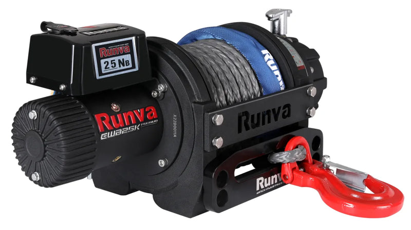 Rugged black and blue Runva EWB25000 electric winch with synthetic rope and red hook