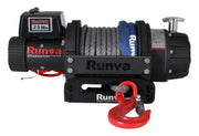 Runva EWB25000 electric winch with steel cable, red hook, and high line pull capacity