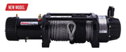Black electric winch with synthetic rope and New Model label for Runva EWB9500-Q Premium