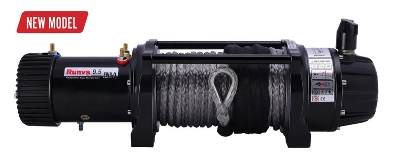 Black electric winch with synthetic rope and New Model label for Runva EWB9500-Q Premium