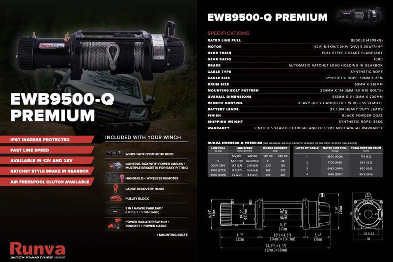 Heavy-duty EWB9500-Q Premium electric winch with synthetic rope and detailed specs