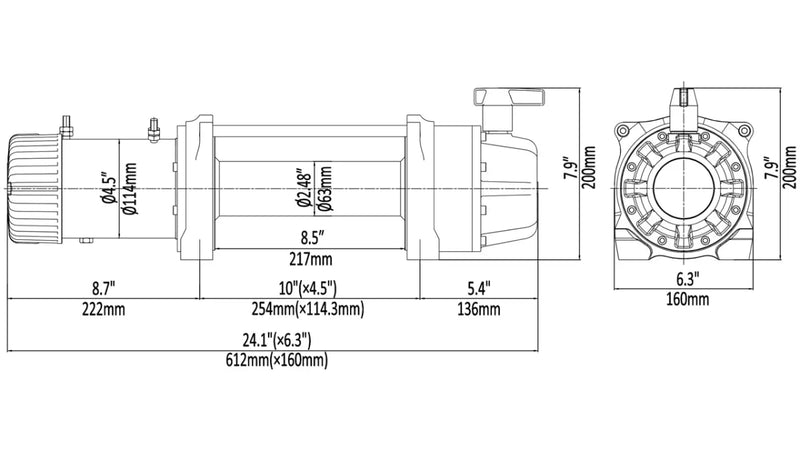 Technical schematic of Runva EWB9500-Q Premium EVO winch with labeled dimensions for EWB9500-Q Premium