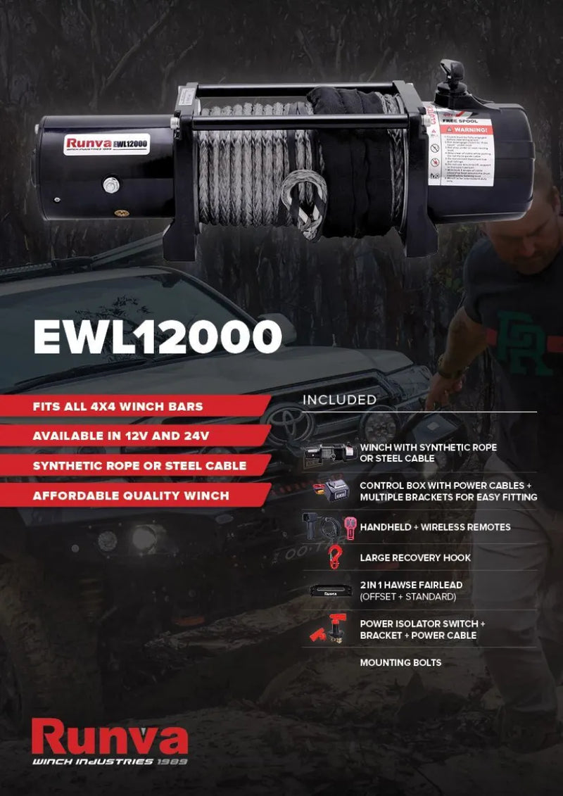 Heavy duty Runva EWL12000 electric winch with dyneema synthetic rope for vehicle recovery