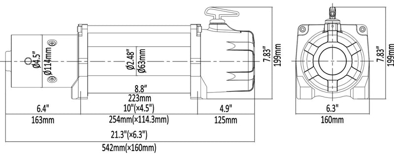 Technical drawing of Runva EWL12000 12V Winch with synthetic rope and heavy duty design
