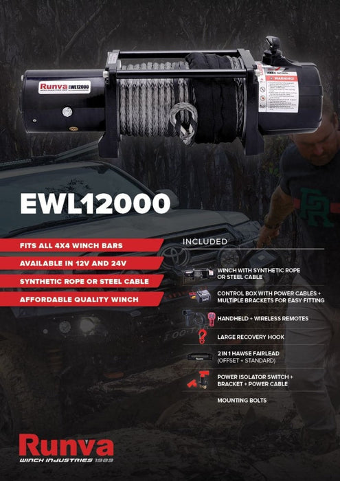 Runva EWL12000 12V Winch with Synthetic Rope - Electric Winch