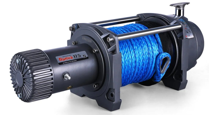 Electric winch with heavy duty synthetic rope on Runva EWN17500 for recovery and towing