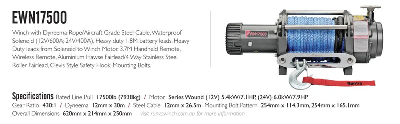 Heavy duty Runva EWN17500 winch with synthetic rope and metal housing for lifting tasks
