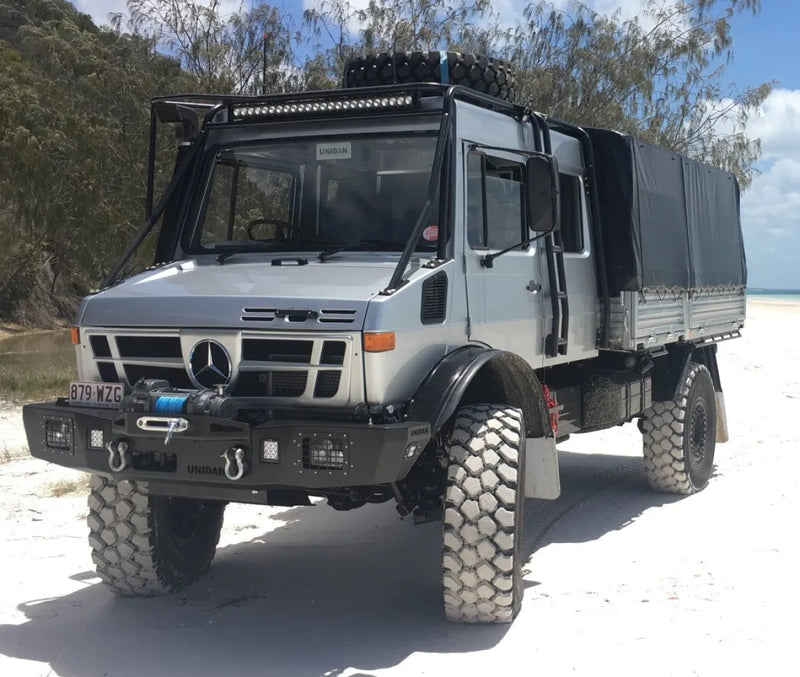 Heavy duty Rugged Mercedes-Benz Unimog off-road truck with synthetic rope winch