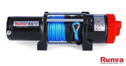 Electric winch with blue synthetic rope and red end cap for Runva EWT4500 12V winch