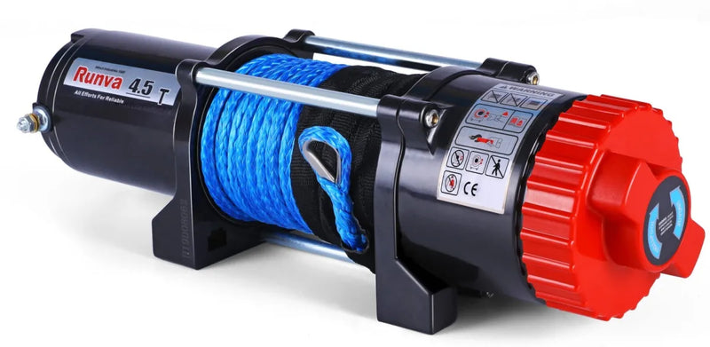 Runva EWT4500 12V Winch with Dyneema synthetic rope and red end cap for durability