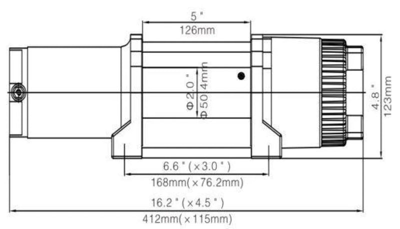 Technical schematic of Runva EWT4500 winch with labeled dimensions and durable design
