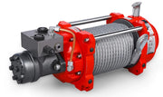 Heavy-duty hydraulic winch with steel cable and red housing for industrial use HWN15000I