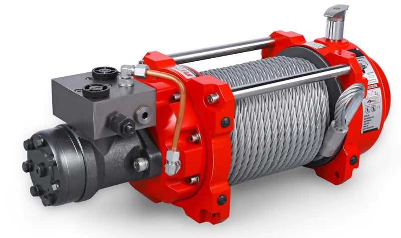 Heavy-duty hydraulic winch with steel cable and red housing for industrial use HWN15000I