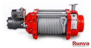 Heavy-duty red and gray Runva HWN15000I hydraulic winch with steel cable drum