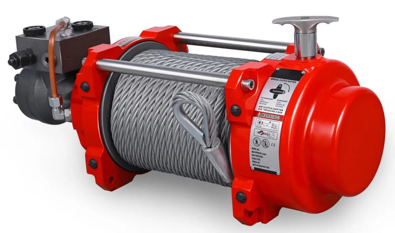Red Runva HWN15000I hydraulic winch with steel cable drum for heavy-duty industrial use