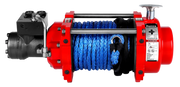 Heavy-duty Runva HWN15000I hydraulic winch with red, black frame and blue synthetic rope