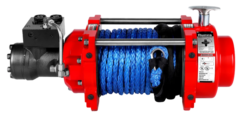 Heavy-duty Runva HWN15000I hydraulic winch with red, black frame and blue synthetic rope