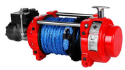 Red and black Runva HWN15000I hydraulic winch with blue synthetic rope for heavy-duty use