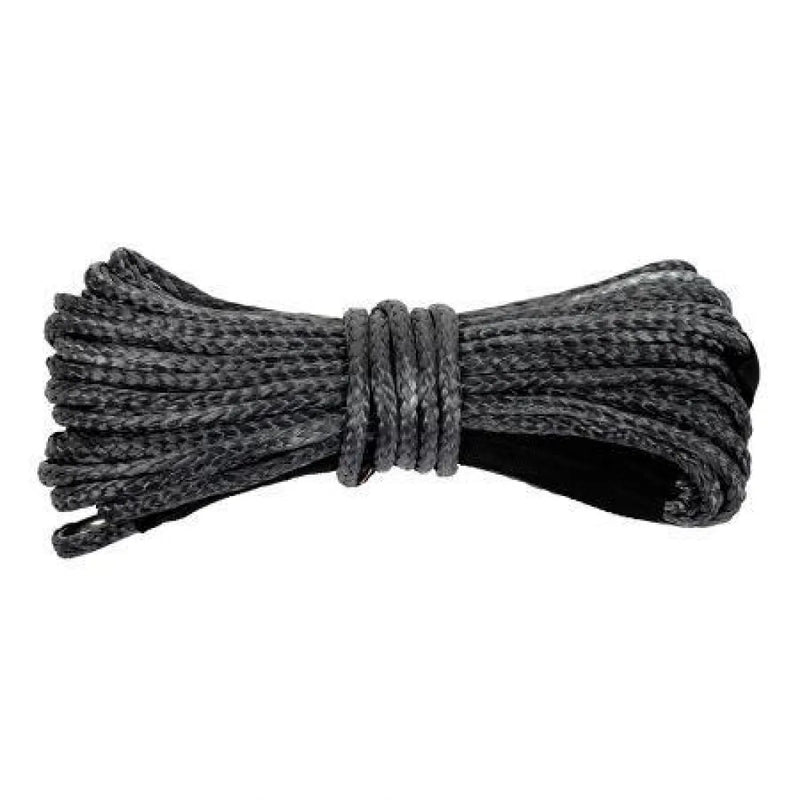 Coiled black Dyneema winch rope tied in the middle for synthetic Dyneema winch use