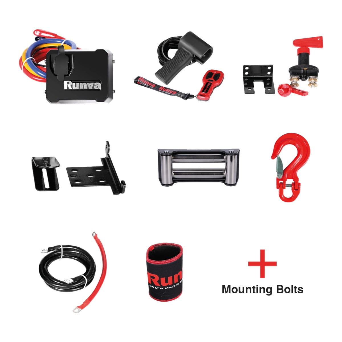 Runva EWB20000 Premium kit: control box, remotes, isolator, brackets, fairlead, hook, leads and mounting bolts