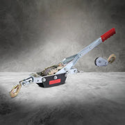 Hand winch puller with red handle and metal body for heavy-duty lifting and pulling