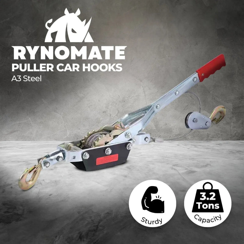 Heavy-duty Rynomate 4-Ton hand winch puller with double car hook for vehicle recovery