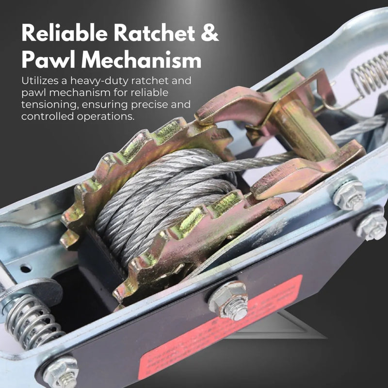 Ratchet and pawl mechanism with steel cable on Rynomate 4-Ton Hand Winch Puller