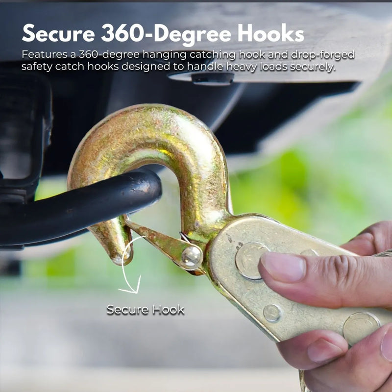 Secure 360-degree hook with safety catch mechanism on Rynomate 4-Ton Hand Winch Puller