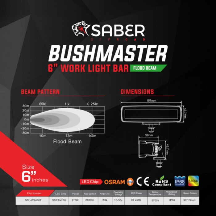 Saber Offroad Bushmaster 6″ Work Light Bar | Flood Beam - Work Lights