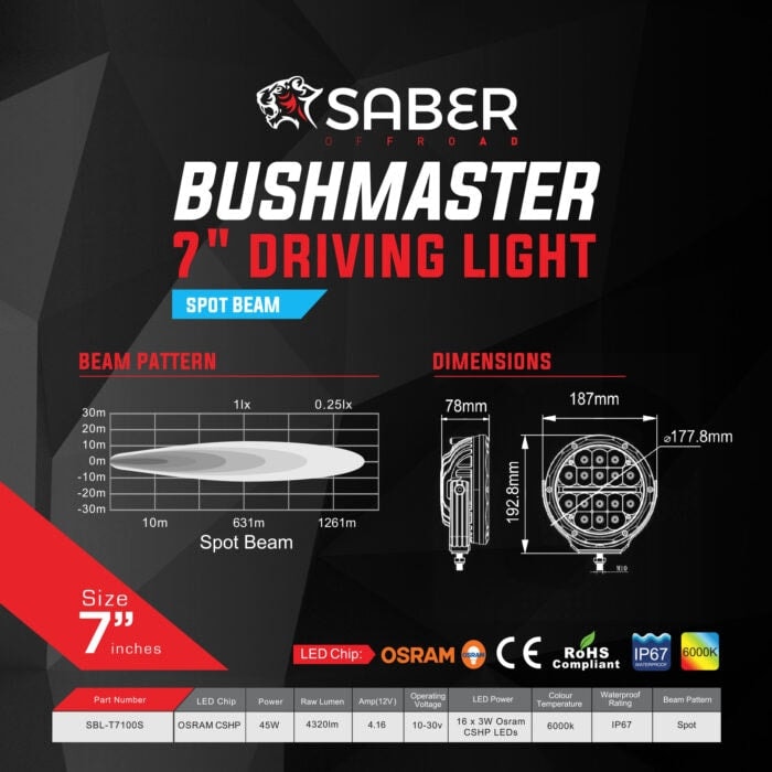 Saber Offroad Bushmaster 7 Driving Light | Spot Beam - Driving Lights