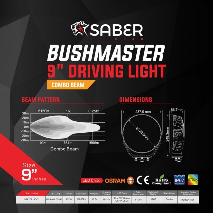 Saber Offroad Bushmaster 9 Driving Light | Combo Beam | Spot Beam - Driving Lights