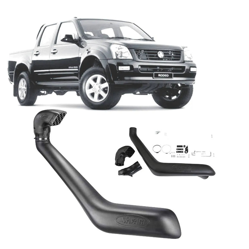 Black Holden Rodeo pickup with Safari 4x4 SS160HF aftermarket snorkel attachment