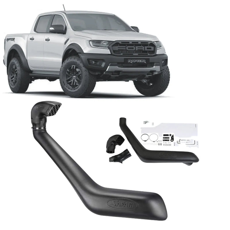 White Ford Ranger Raptor pickup truck with off-road modifications and Safari Snorkel SS986HP