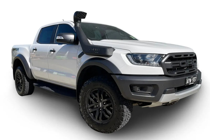 White Ford Ranger Raptor pickup with snorkel intake for enhanced off-road performance